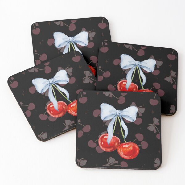 Item preview, Red cherries with blue bow against heart cherries background  designed and sold by ClickATee Store .