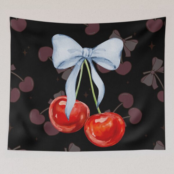Item preview, Red cherries with blue bow against heart cherries background  designed and sold by ClickATee Store .