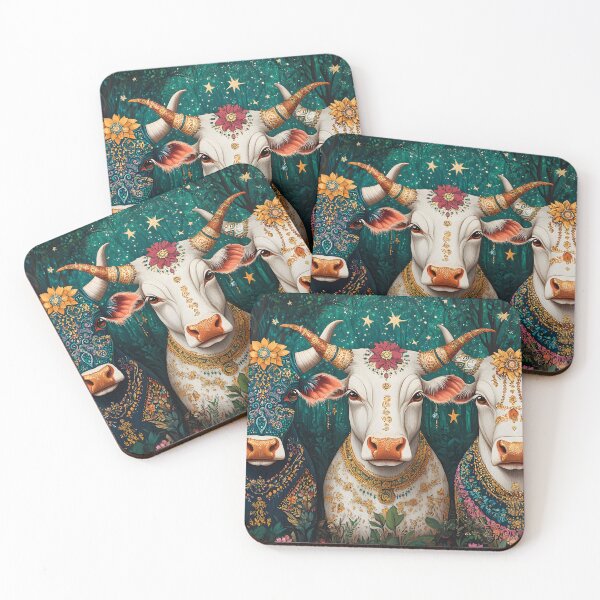 Item preview, Three colorfully adorned cows in a mystical forest designed and sold by Artessie.