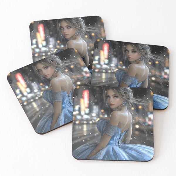 Item preview, Elegant woman in blue gown amidst city snowfall scene. designed and sold by Artessie.