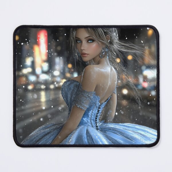 Item preview, Elegant woman in blue gown amidst city snowfall scene. designed and sold by Artessie.