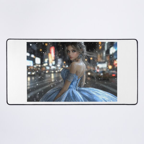 Item preview, Elegant woman in blue gown amidst city snowfall scene. designed and sold by Artessie.