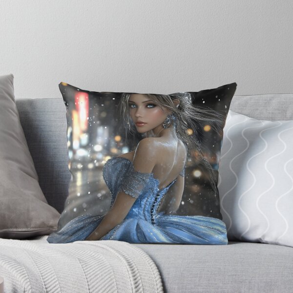 Item preview, Elegant woman in blue gown amidst city snowfall scene. designed and sold by Artessie.