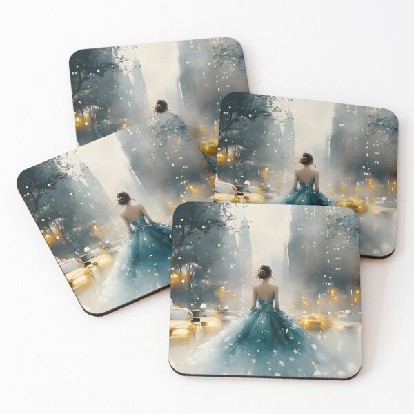 Item preview, Elegant woman in gown amid yellow taxis at twilight. designed and sold by Artessie.