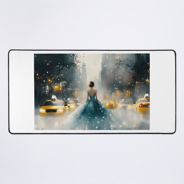 Item preview, Elegant woman in gown amid yellow taxis at twilight. designed and sold by Artessie.
