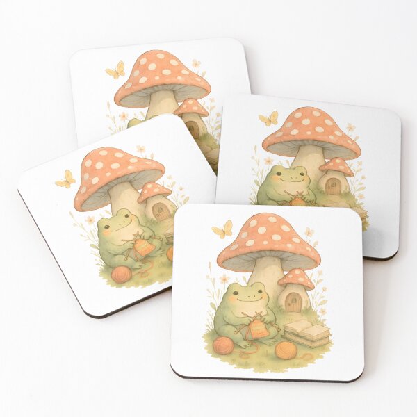 Item preview, Knitting frog in front of toadstool house designed and sold by Channel1Design.