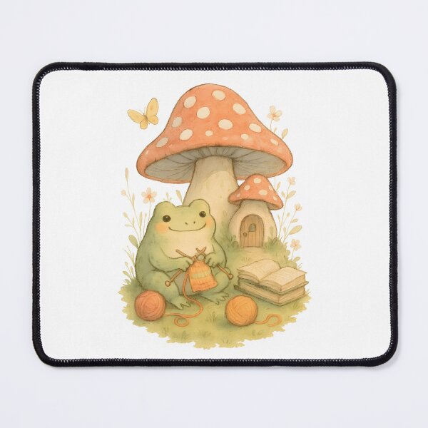 Item preview, Knitting frog in front of toadstool house designed and sold by Channel1Design.