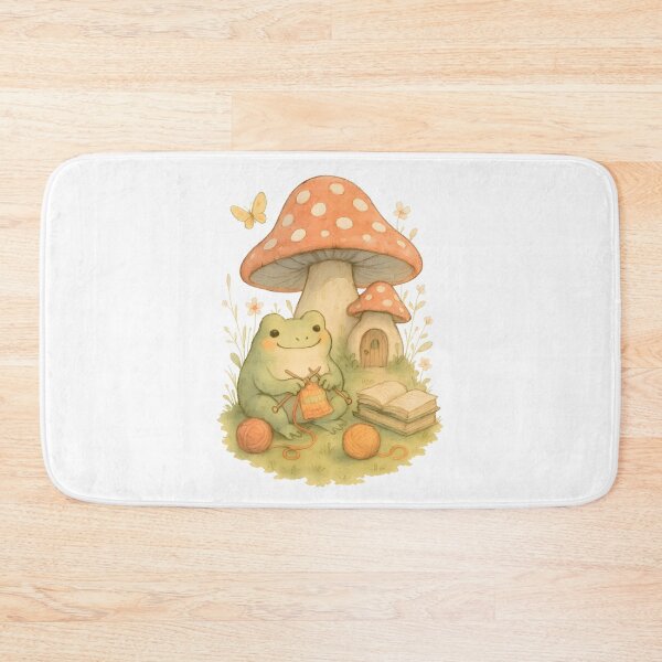 Item preview, Knitting frog in front of toadstool house designed and sold by Channel1Design.