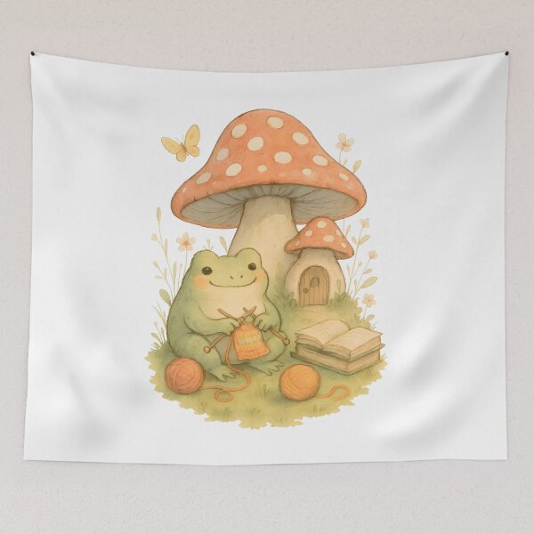 Item preview, Knitting frog in front of toadstool house designed and sold by Channel1Design.