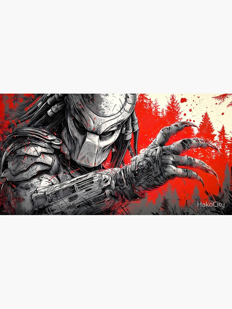 Aperçu 5 sur 5. Tapis de souris avec l'œuvre Sous-main Predator Yautja Jungle Hunter créée et vendue par HakoCity.
