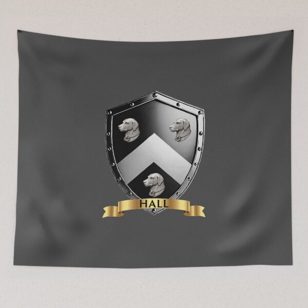 Item preview, Hall Crest Shield  Chevron and Dog Heads with Golden Name Banner designed and sold by Highlandkings.