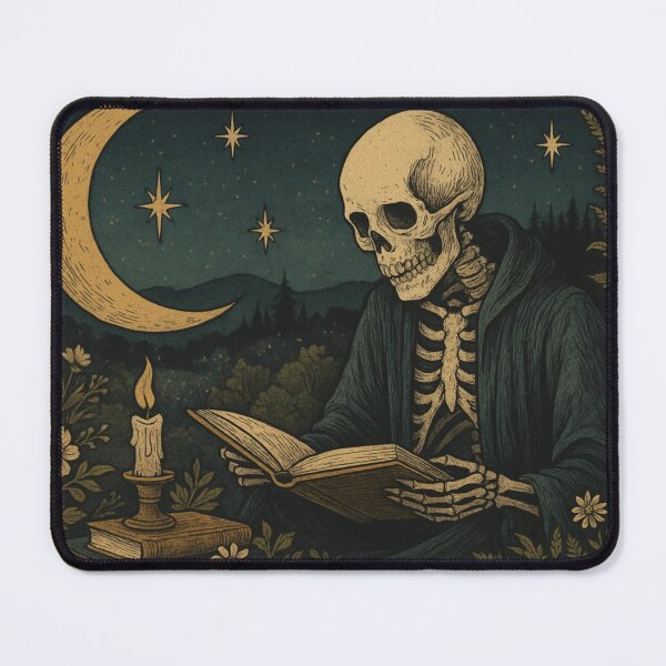 Aperçu de l'œuvre Squelette érudit au clair de lune | Lecture gothique aux chandelles créée et vendue par GenXSchematic.