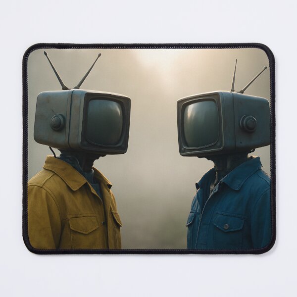 Item preview, Two figures with vintage television heads wearing jackets stand in a foggy outdoor setting, a surreal commentary on media influence or identity designed and sold by homydesign.