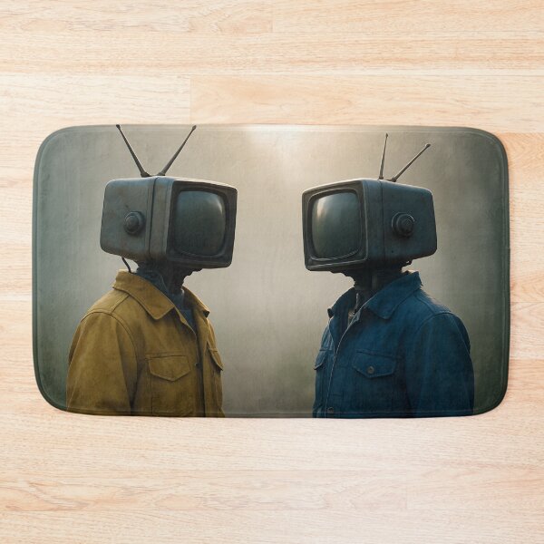 Item preview, Two figures with vintage television heads wearing jackets stand in a foggy outdoor setting, a surreal commentary on media influence or identity designed and sold by homydesign.