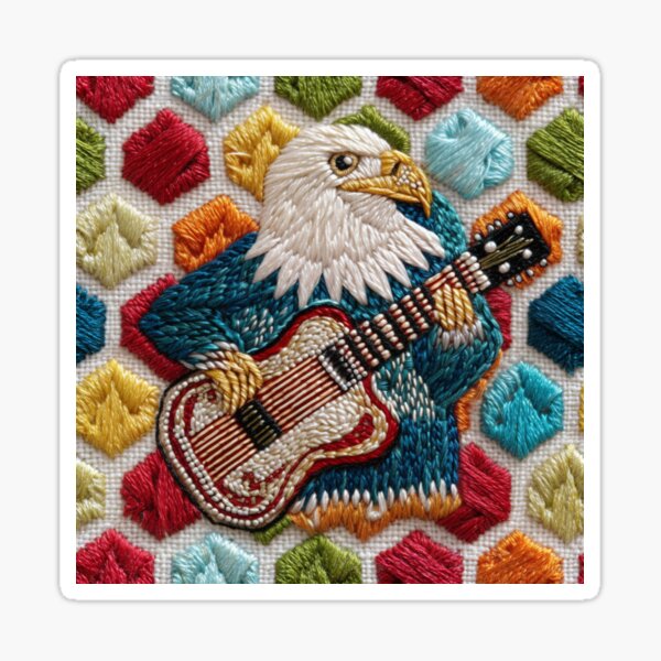 Item preview, Colorful Bald Eagle with Guitar – Patriotic Embroidered Folk Art for July 4th designed and sold by Nicholas Panek.