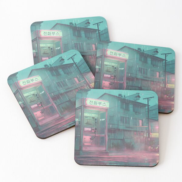 Item preview, Retro Korean phone booth at dusk – neon street scene in Busan in 90s style designed and sold by Hallyu Bubble.