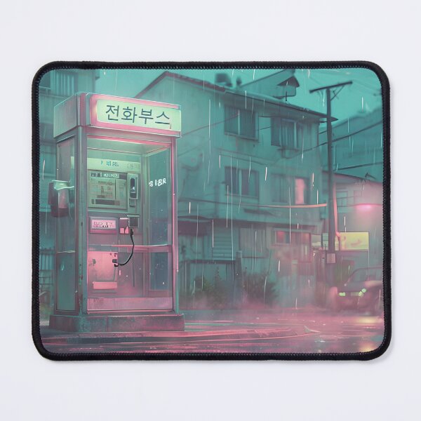 Item preview, Retro Korean phone booth at dusk – neon street scene in Busan in 90s style designed and sold by Hallyu Bubble.