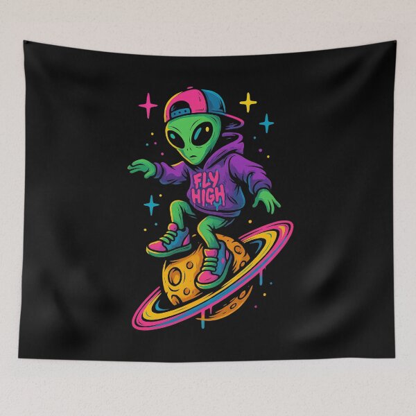 Item preview, Fly High Alien – Skater from Outer Space – Neon Cosmic Streetwear Design designed and sold by VIBE CRAFT STUDIO.