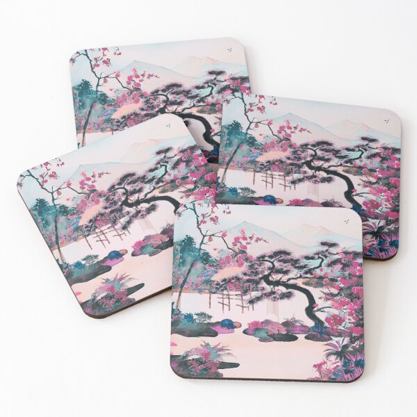 Item preview, A Japanese garden with blossom flowers in pink spring with fuji mountain designed and sold by MerryCrown.