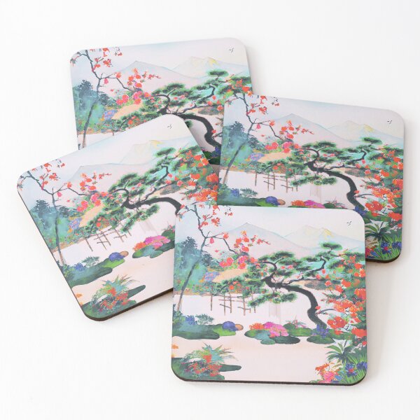 Item preview, A Japanese garden with blossom flowers in spring morning mist with fuji mountain designed and sold by MerryCrown.