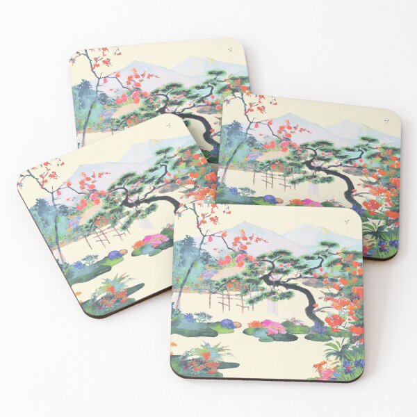 Item preview, A Japanese garden with blossom flowers in spring morning mist with fuji mountain designed and sold by MerryCrown.