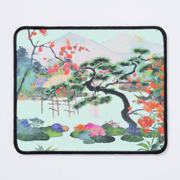 Item preview, A Japanese garden with blossom flowers in spring morning mist with fuji mountain designed and sold by MerryCrown.
