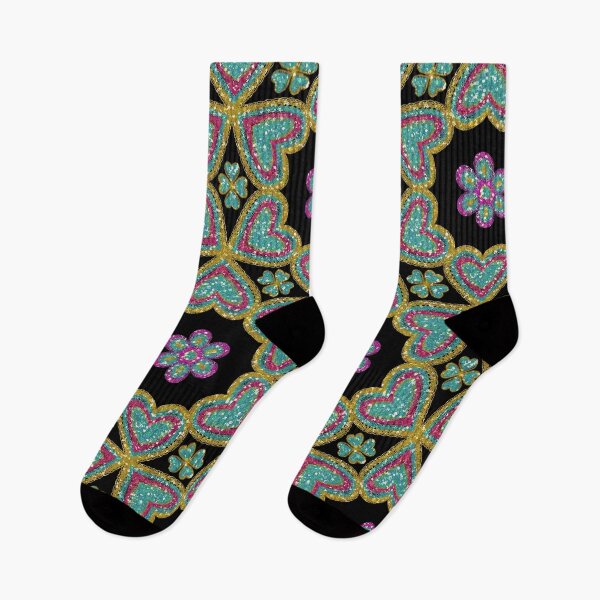 Item preview, Hand drawn Beautify Glistening Luxury Hearts - Glitter Hearts and Flowers Pattern – Colorful Hand Drawn Boho Glam Design in Teal, Pink and Gold on Black designed and sold by Victoria Rose.