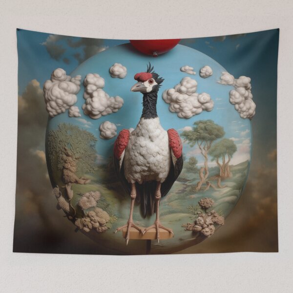 Item preview, Surreal Crane Diorama with Red Balloon – Magritte-Inspired Bird Art designed and sold by Retrocranio.