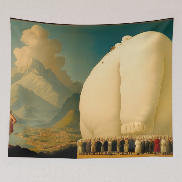 Item preview, The Giant Ascends – Surreal Fantasy Crowd Scene with Mountain View designed and sold by Retrocranio.