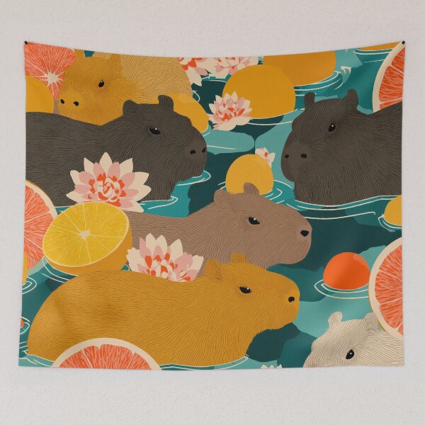 Item preview, Capybaras in Citrus Paradise – Whimsical Fruit Bath Illustration designed and sold by Retrocranio.