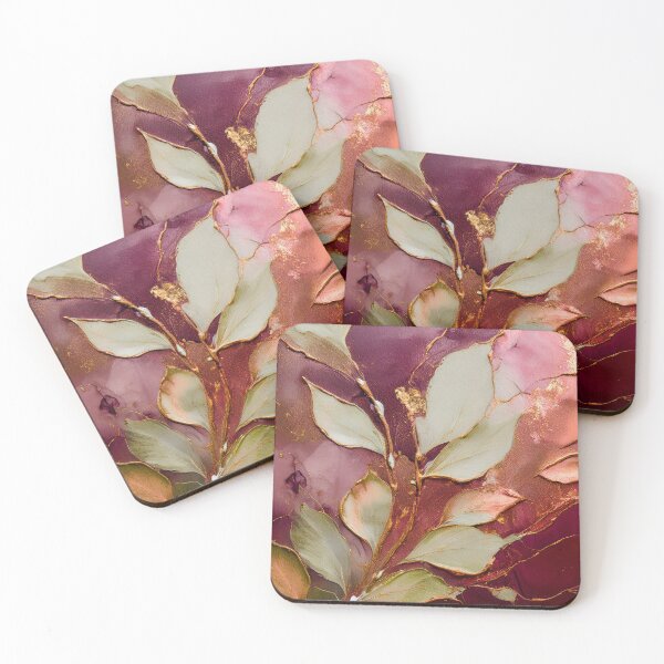 Item preview, Burgundy and gold VINTAGE leaf botanicals watercolor painting, alcohol ink effects, gold highlights, leaf pattern watercolour painting  designed and sold by navitalidesign.