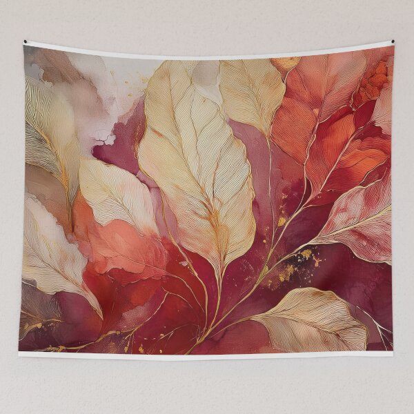 Item preview, Burgundy, red, cream and gold VINTAGE leaf botanicals watercolor painting, alcohol ink effects, gold highlights, leaf pattern watercolour painting  designed and sold by navitalidesign.