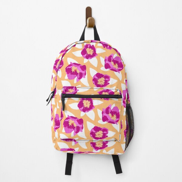 Item preview, Hot Pink Peony Floral Pattern – White Leaves on Peach Background – Bold Summer Print for Fashion & Decor designed and sold by Millefolia Design .