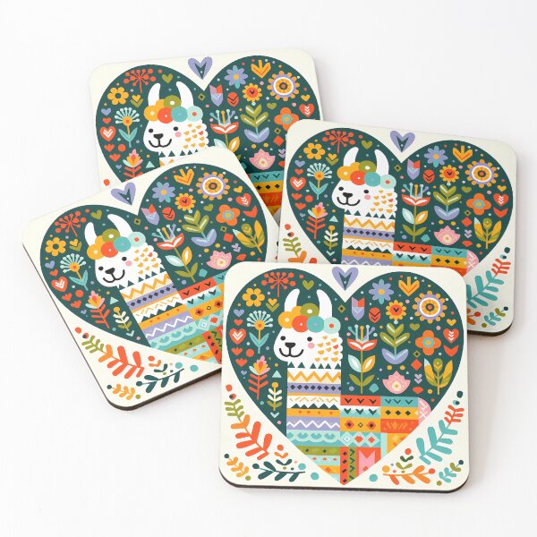 Item preview, Cute Patterned Llama Portrait in Flower Heart - Scandinavian Folk Art by heidiannemorris © designed and sold by FOLK ART FUSION by heidiannemorris.