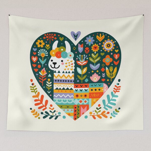 Item preview, Cute Patterned Llama Portrait in Flower Heart - Scandinavian Folk Art by heidiannemorris © designed and sold by FOLK ART FUSION by heidiannemorris.