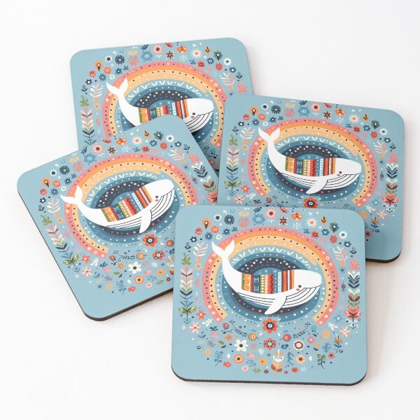 Item preview, Cute Blue Whale with Spout and Rainbow - Scandinavian Folk Art by heidiannemorris © designed and sold by FOLK ART FUSION by heidiannemorris.