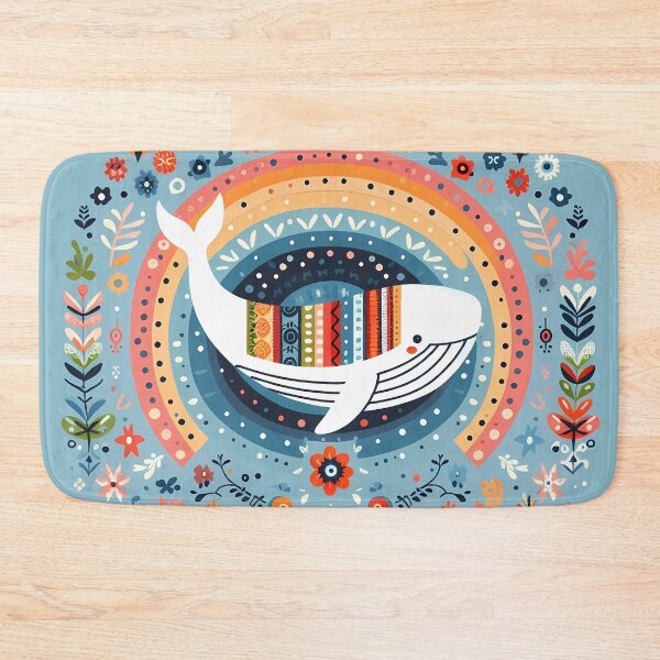 Item preview, Cute Blue Whale with Spout and Rainbow - Scandinavian Folk Art by heidiannemorris © designed and sold by FOLK ART FUSION by heidiannemorris.