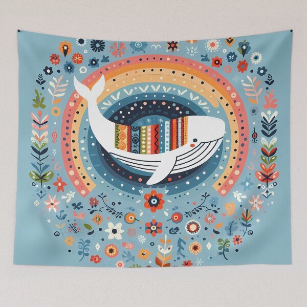 Item preview, Cute Blue Whale with Spout and Rainbow - Scandinavian Folk Art by heidiannemorris © designed and sold by FOLK ART FUSION by heidiannemorris.
