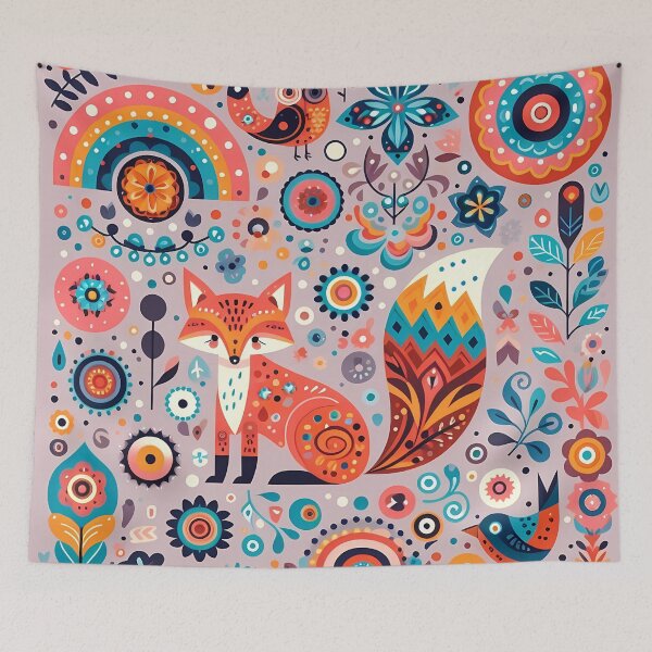 Item preview, Cute Fox with Owls and Birds - Scandinavian Folk Art by heidiannemorris © designed and sold by FOLK ART FUSION.