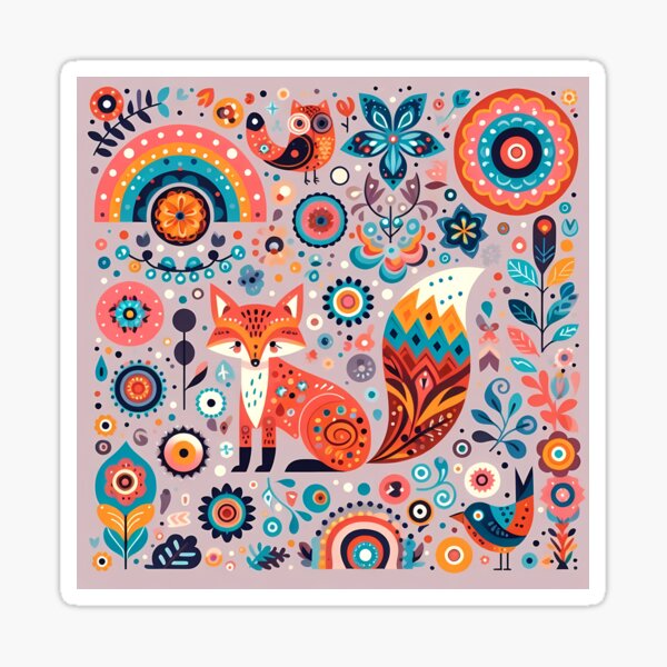 Item preview, Cute Fox with Owls and Birds - Scandinavian Folk Art by heidiannemorris © designed and sold by FOLK ART FUSION by heidiannemorris.