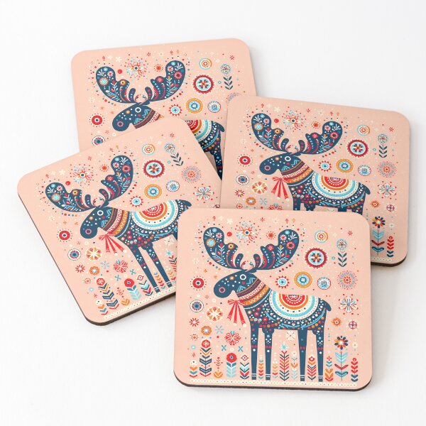Item preview, Cute Blue Moose with Antlers and Flowers - Scandinavian Folk Art by heidiannemorris © designed and sold by FOLK ART FUSION by heidiannemorris.