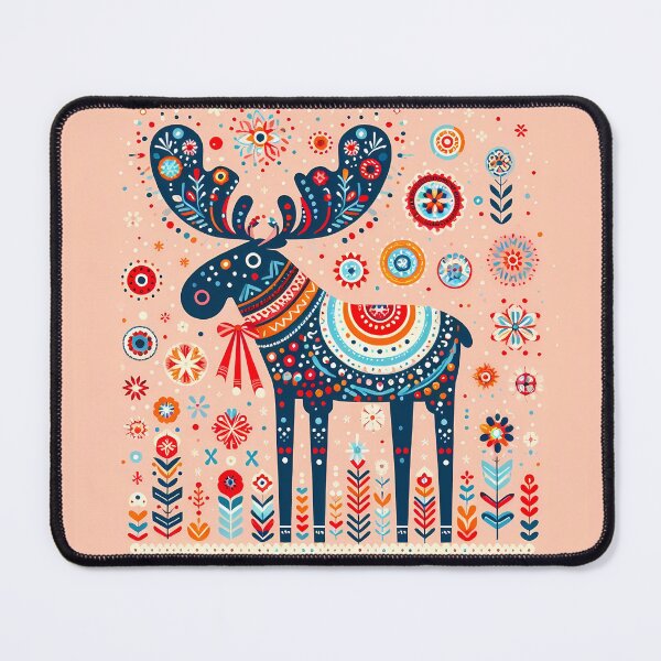 Item preview, Cute Blue Moose with Antlers and Flowers - Scandinavian Folk Art by heidiannemorris © designed and sold by FOLK ART FUSION by heidiannemorris.