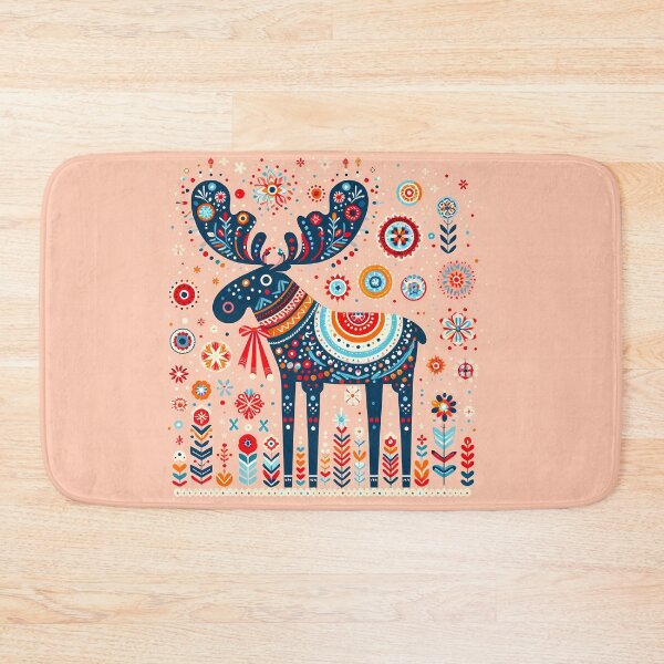 Item preview, Cute Blue Moose with Antlers and Flowers - Scandinavian Folk Art by heidiannemorris © designed and sold by FOLK ART FUSION by heidiannemorris.