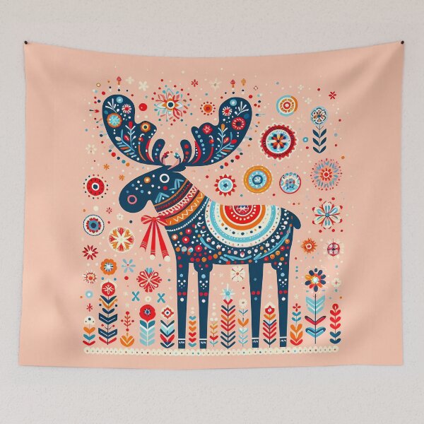 Item preview, Cute Blue Moose with Antlers and Flowers - Scandinavian Folk Art by heidiannemorris © designed and sold by FOLK ART FUSION by heidiannemorris.