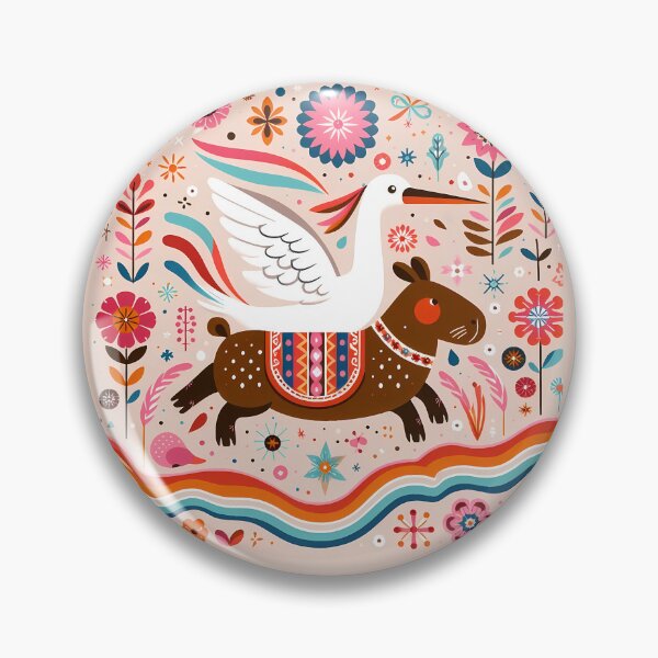 Item preview, Cute Egret Riding Capybara - Scandinavian Folk Art by heidiannemorris © designed and sold by FOLK ART FUSION by heidiannemorris.