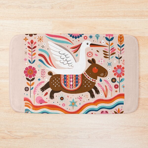 Item preview, Cute Egret Riding Capybara - Scandinavian Folk Art by heidiannemorris © designed and sold by FOLK ART FUSION by heidiannemorris.