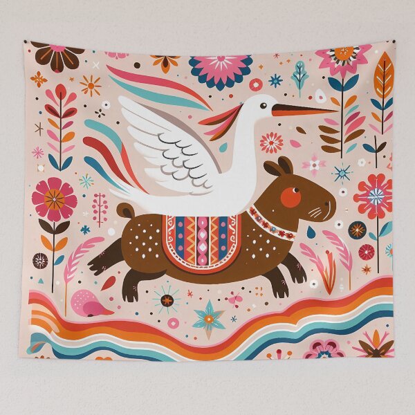 Item preview, Cute Egret Riding Capybara - Scandinavian Folk Art by heidiannemorris © designed and sold by FOLK ART FUSION by heidiannemorris.