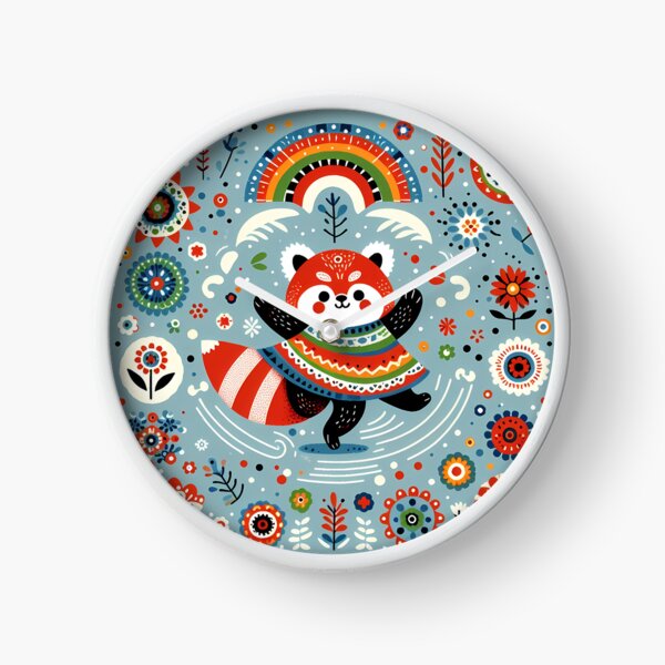 Item preview, Cute Dancing Red Panda with Rainbow and Flowers - Scandinavian Folk Art by heidiannemorris © designed and sold by FOLK ART FUSION by heidiannemorris.