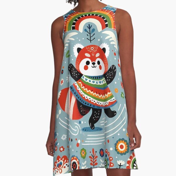 Item preview, Cute Dancing Red Panda with Rainbow and Flowers - Scandinavian Folk Art by heidiannemorris © designed and sold by FOLK ART FUSION by heidiannemorris.