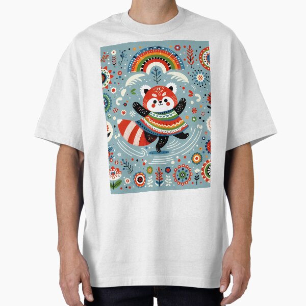 Item preview, Cute Dancing Red Panda with Rainbow and Flowers - Scandinavian Folk Art by heidiannemorris © designed and sold by FOLK ART FUSION by heidiannemorris.